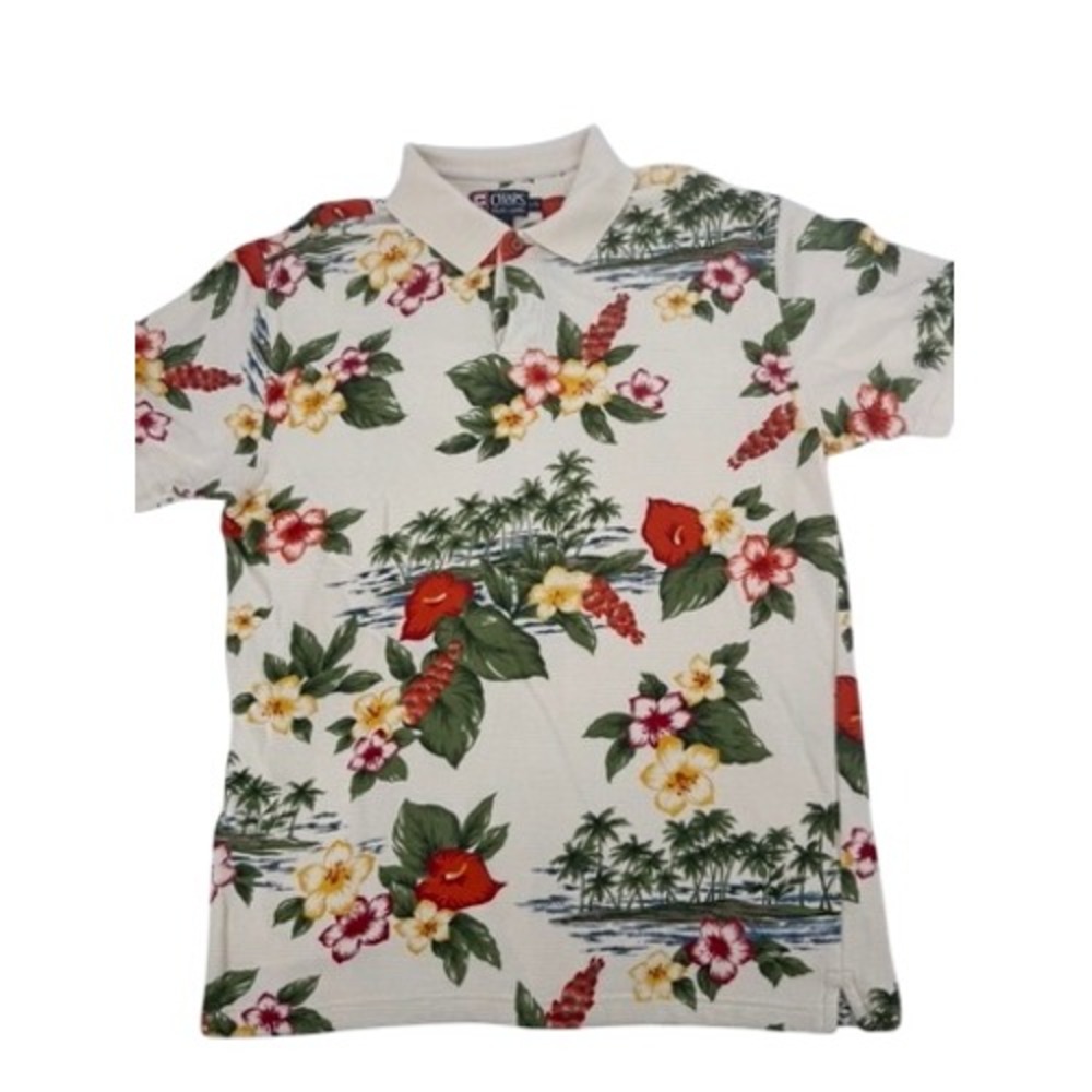 Vintage Chaps Ralph Lauren Polo Shirt Mens Large Cream Floral Palm Tree Tropical